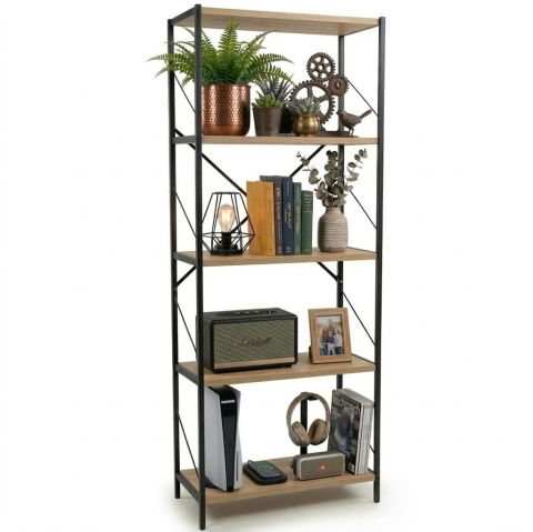 Dulapuri depozitare - Etajera cu 5 rafturi depozitare FiGGA®, Metal si MDF, 150 cm x 60 cm x 30 cm, potrivita pentru baie, carti, pantofi, incaltaminte, papuci, jucarii, biblioteca, in camara, debara sau dressing, Negru/Pi