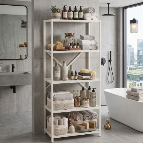 Etajera cu 5 rafturi depozitare FiGGA®, Metal si MDF, 150 cm x 60 cm x 30 cm, potrivita pentru baie, carti, pantofi, incaltaminte, papuci, jucarii, biblioteca, in camara, debara sau dressing, Alb/Alb [6]