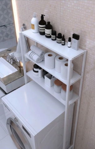 Etajera pentru Masina de Spalat cu 3 polite, 150cm x 69cm x 20cm, Metal + MDF, Organizator Multifunctional pentru Baie, Spatii Inguste, Ideal pentru prosoape sau produse de igiena, Alb/Alb [2]