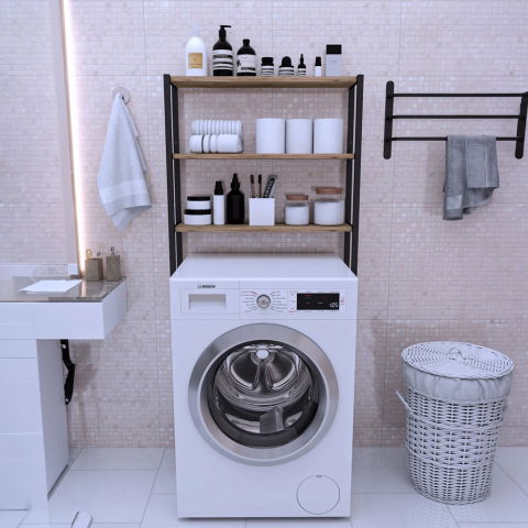 Etajera pentru Masina de Spalat cu 3 polite, 150cm x 69cm x 20cm, Metal + MDF, Organizator Multifunctional pentru Baie, Spatii Inguste, Ideal pentru prosoape sau produse de igiena, Negru/Lemn [1]