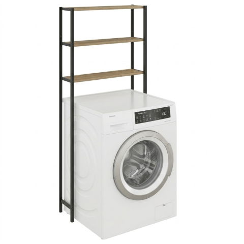 Etajere depozitare - Etajera pentru Masina de Spalat cu 3 polite, 150cm x 69cm x 20cm, Metal + MDF, Organizator Multifunctional pentru Baie, Spatii Inguste, Ideal pentru prosoape sau produse de igiena, Negru/Lemn