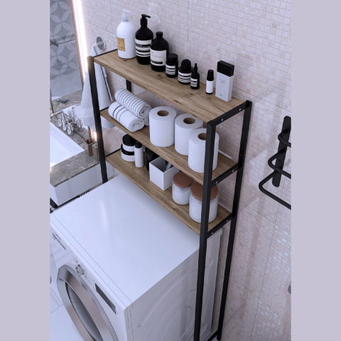 Etajera pentru Masina de Spalat cu 3 polite, 150cm x 69cm x 20cm, Metal + MDF, Organizator Multifunctional pentru Baie, Spatii Inguste, Ideal pentru prosoape sau produse de igiena, Negru/Lemn [3]