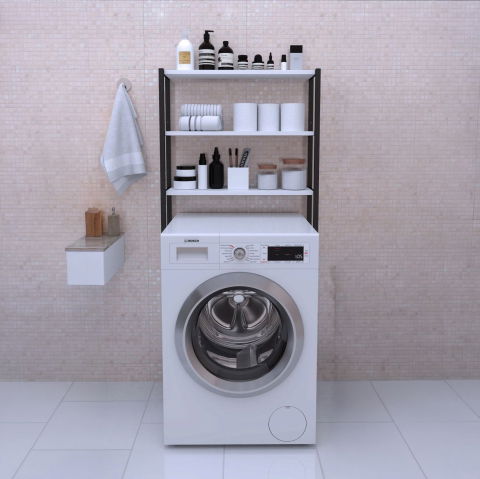 Etajera pentru Masina de Spalat cu 3 polite, 150cm x 69cm x 20cm, Metal + MDF, Organizator Multifunctional pentru Baie, Spatii Inguste, Ideal pentru prosoape sau produse de igiena, Negru/Alb [1]