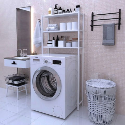 Etajere depozitare - Etajera pentru Masina de Spalat cu 3 polite, 150cm x 69cm x 20cm, Metal + MDF, Organizator Multifunctional pentru Baie, Spatii Inguste, Ideal pentru prosoape sau produse de igiena, Alb/Alb