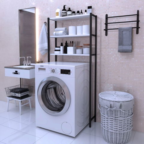 Etajere depozitare - Etajera pentru Masina de Spalat cu 3 polite, 150cm x 69cm x 20cm, Metal + MDF, Organizator Multifunctional pentru Baie, Spatii Inguste, Ideal pentru prosoape sau produse de igiena, Negru/Alb