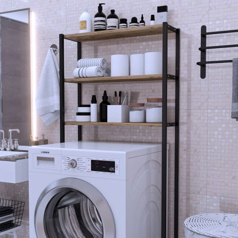 Etajera pentru Masina de Spalat cu 3 polite, 150cm x 69cm x 20cm, Metal + MDF, Organizator Multifunctional pentru Baie, Spatii Inguste, Ideal pentru prosoape sau produse de igiena, Negru/Lemn [2]