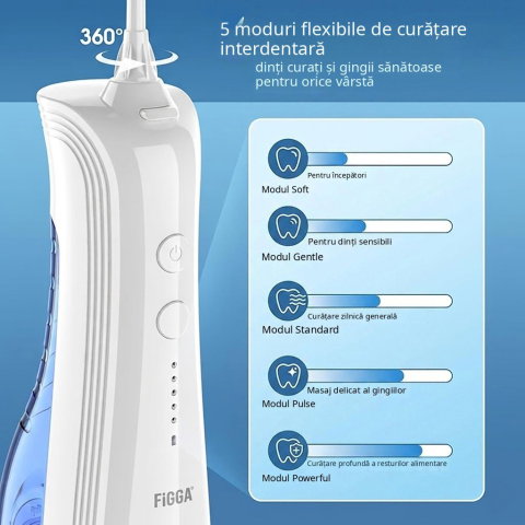 Irigator Bucal FiGGA® ORAL F-202, Dus bucal portabil, Reincarcabil USB-C, Rezervor 230 ml, 5 Moduri de Curatare, IPX7 Waterproof, Acumulator 2000 mAh, Alb Elegant [1]