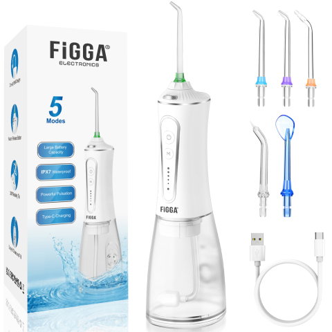 Irigator Bucal FiGGA® ORAL F-303, Dus bucal portabil, Reincarcabil USB-C, Rezervor 300 ml, 5 Moduri de Curatare, IPX7 Waterproof, Acumulator 2000 mAh, Alb Elegant