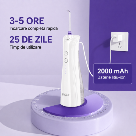 Irigator Bucal FiGGA® ORAL F-202, Dus bucal portabil, Reincarcabil USB-C, Rezervor 230 ml, 5 Moduri de Curatare, IPX7 Waterproof, Acumulator 2000 mAh, Alb Elegant [5]