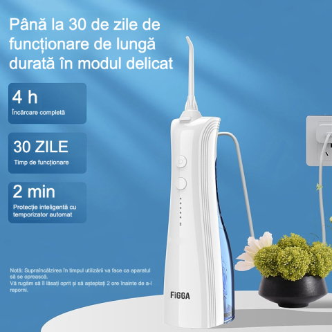 Irigator Bucal FiGGA® ORAL F-202, Dus bucal portabil, Reincarcabil USB-C, Rezervor 230 ml, 5 Moduri de Curatare, IPX7 Waterproof, Acumulator 2000 mAh, Alb Elegant [5]