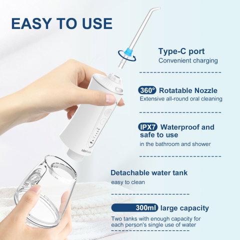 Irigator Bucal FiGGA® ORAL F-303, Dus bucal portabil, Reincarcabil USB-C, Rezervor 300 ml, 5 Moduri de Curatare, IPX7 Waterproof, Acumulator 2000 mAh, Alb Elegant [5]