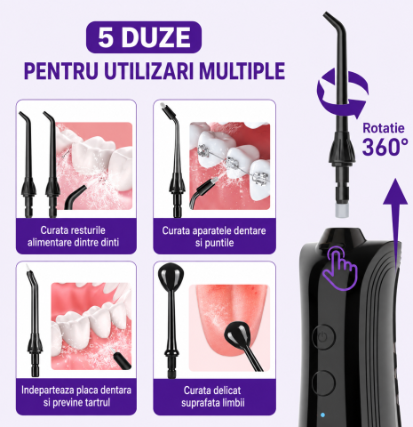 Irigator Bucal FiGGA® ORAL F-202, Dus bucal portabil, Reincarcabil USB-C, Rezervor 230 ml, 5 Moduri de Curatare, IPX7 Waterproof, Acumulator 2000 mAh, Negru Premium [3]