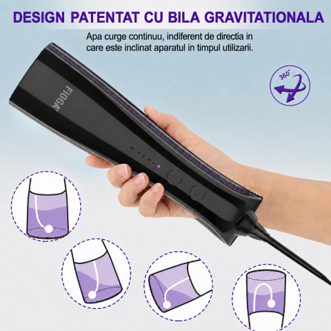 Irigator Bucal FiGGA® ORAL F-202, Dus bucal portabil, Reincarcabil USB-C, Rezervor 230 ml, 5 Moduri de Curatare, IPX7 Waterproof, Acumulator 2000 mAh, Negru Premium [2]
