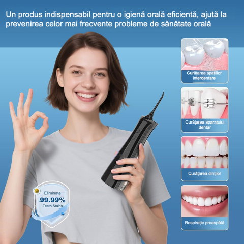 Irigator Bucal FiGGA® ORAL F-202, Dus bucal portabil, Reincarcabil USB-C, Rezervor 230 ml, 5 Moduri de Curatare, IPX7 Waterproof, Acumulator 2000 mAh, Negru Premium [4]