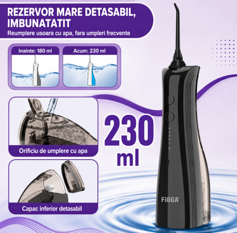 Irigator Bucal FiGGA® ORAL F-202, Dus bucal portabil, Reincarcabil USB-C, Rezervor 230 ml, 5 Moduri de Curatare, IPX7 Waterproof, Acumulator 2000 mAh, Negru Premium [4]