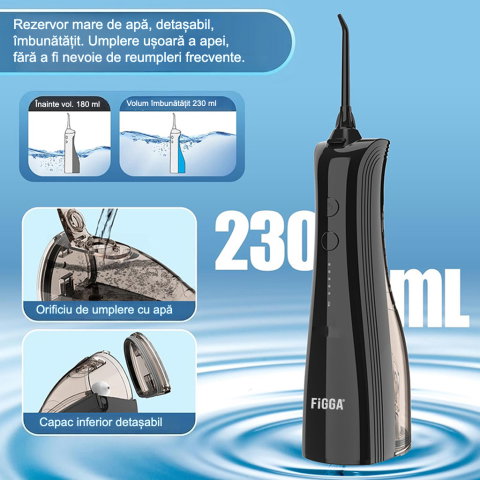 Irigator Bucal FiGGA® ORAL F-202, Dus bucal portabil, Reincarcabil USB-C, Rezervor 230 ml, 5 Moduri de Curatare, IPX7 Waterproof, Acumulator 2000 mAh, Negru Premium [5]