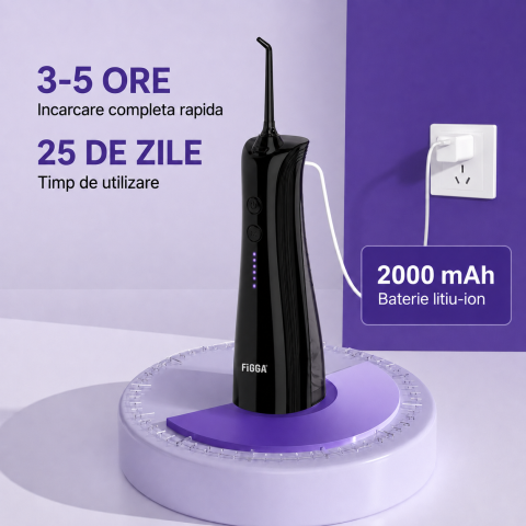 Irigator Bucal FiGGA® ORAL F-202, Dus bucal portabil, Reincarcabil USB-C, Rezervor 230 ml, 5 Moduri de Curatare, IPX7 Waterproof, Acumulator 2000 mAh, Negru Premium [5]