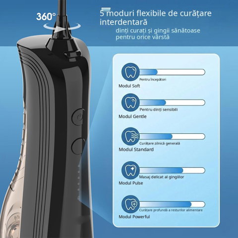 Irigator Bucal FiGGA® ORAL F-202, Dus bucal portabil, Reincarcabil USB-C, Rezervor 230 ml, 5 Moduri de Curatare, IPX7 Waterproof, Acumulator 2000 mAh, Negru Premium [2]