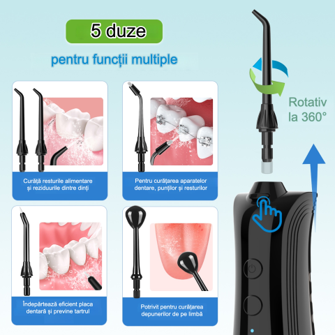 Irigator Bucal FiGGA® ORAL F-202, Dus bucal portabil, Reincarcabil USB-C, Rezervor 230 ml, 5 Moduri de Curatare, IPX7 Waterproof, Acumulator 2000 mAh, Negru Premium [1]