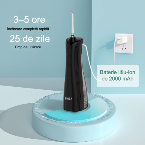 Irigator Bucal FiGGA® ORAL F-202, Dus bucal portabil, Reincarcabil USB-C, Rezervor 230 ml, 5 Moduri de Curatare, IPX7 Waterproof, Acumulator 2000 mAh, Negru Premium [7]