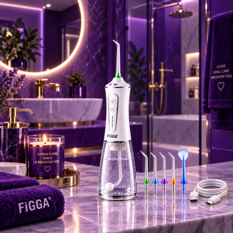 Irigator Bucal FiGGA® ORAL F-303, Dus bucal portabil, Reincarcabil USB-C, Rezervor 300 ml, 5 Moduri de Curatare, IPX7 Waterproof, Acumulator 2500 mAh, Alb Elegant [9]