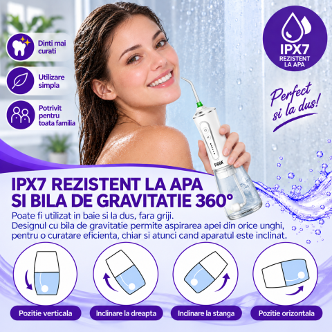 Irigator Bucal FiGGA® ORAL F-303, Dus bucal portabil, Reincarcabil USB-C, Rezervor 300 ml, 5 Moduri de Curatare, IPX7 Waterproof, Acumulator 2500 mAh, Alb Elegant [5]