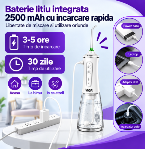 Irigator Bucal FiGGA® ORAL F-303, Dus bucal portabil, Reincarcabil USB-C, Rezervor 300 ml, 5 Moduri de Curatare, IPX7 Waterproof, Acumulator 2500 mAh, Alb Elegant [6]