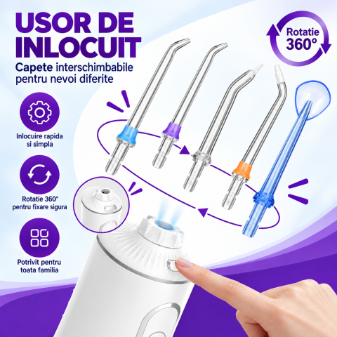 Irigator Bucal FiGGA® ORAL F-303, Dus bucal portabil, Reincarcabil USB-C, Rezervor 300 ml, 5 Moduri de Curatare, IPX7 Waterproof, Acumulator 2500 mAh, Alb Elegant [4]
