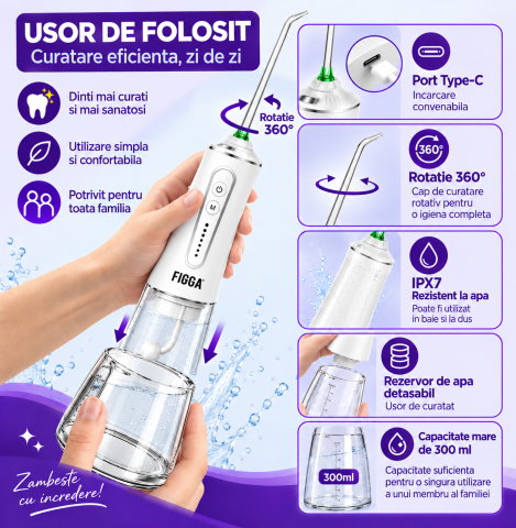 Irigator Bucal FiGGA® ORAL F-303, Dus bucal portabil, Reincarcabil USB-C, Rezervor 300 ml, 5 Moduri de Curatare, IPX7 Waterproof, Acumulator 2500 mAh, Alb Elegant [3]