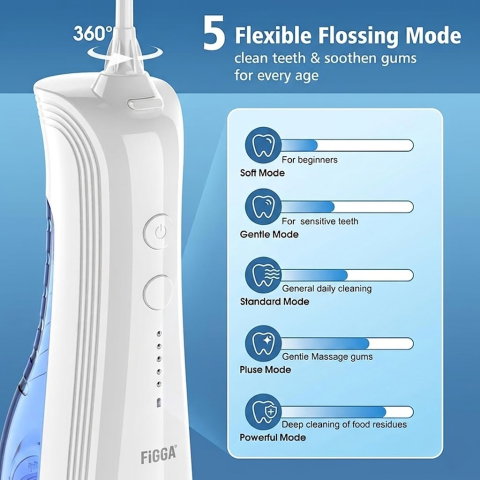 Irigator Bucal FiGGA® ORAL F-202, Dus bucal portabil, Reincarcabil USB-C, Rezervor 230 ml, 5 Moduri de Curatare, IPX7 Waterproof, Acumulator 2000 mAh, Alb Elegant [1]