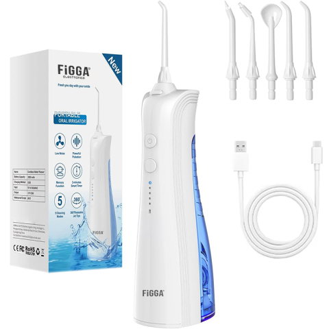 Irigator Bucal FiGGA® ORAL F-202, Dus bucal portabil, Reincarcabil USB-C, Rezervor 230 ml, 5 Moduri de Curatare, IPX7 Waterproof, Acumulator 2000 mAh, Alb Elegant [0]