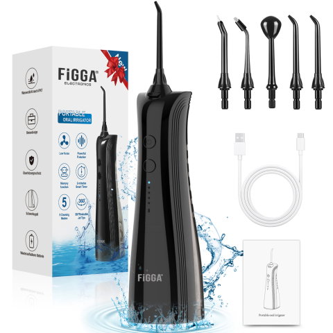 Irigator Bucal FiGGA® ORAL F-202, Dus bucal portabil, Reincarcabil USB-C, Rezervor 230 ml, 5 Moduri de Curatare, IPX7 Waterproof, Acumulator 2000 mAh, Negru Premium
