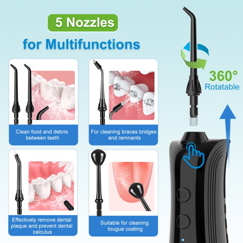 Irigator Bucal FiGGA® ORAL F-202, Dus bucal portabil, Reincarcabil USB-C, Rezervor 230 ml, 5 Moduri de Curatare, IPX7 Waterproof, Acumulator 2000 mAh, Negru Premium [3]