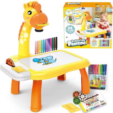 Jucarii copii - Jucarie educationala tip tabla FiGGA® cu masuta de desenat cu proiector, hologram, 3 discuri cu 24 sabloane, 12 carioci, model Girafa, Galben
