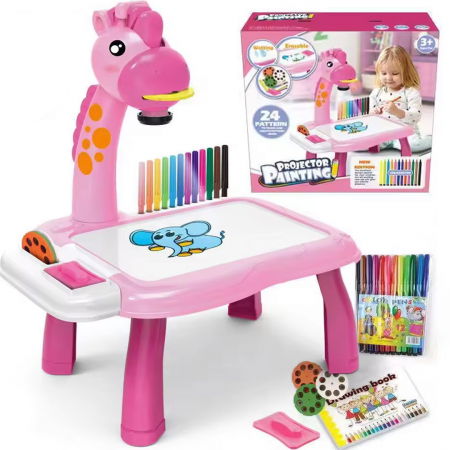 Jucarii copii - Jucarie educationala tip tabla FiGGA® cu masuta de desenat cu proiector, hologram, 3 discuri cu 24 sabloane, 12 carioci, model Girafa, Roz
