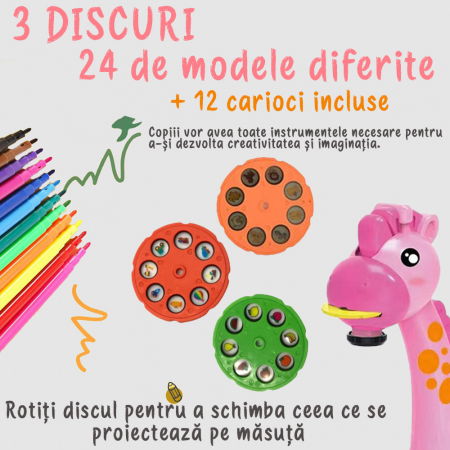 Jucarie educationala tip tabla FiGGA® cu masuta de desenat cu proiector, hologram, 3 discuri cu 24 sabloane, 12 carioci, model Girafa, Roz [4]