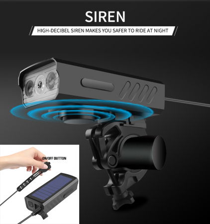 Lanterna bicicleta FiGGA® cu incarcare solara si cablu tip C, sirena, indicator baterie, lumini de atentionare, acumulator reincarcabil 2000 mAh, structura aliaj aluminiu, Negru [4]