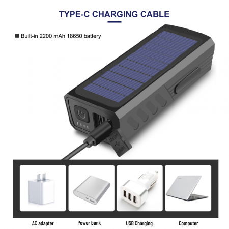 Lanterna bicicleta FiGGA® cu incarcare solara si cablu tip C, sirena, indicator baterie, lumini de atentionare, acumulator reincarcabil 2000 mAh, structura aliaj aluminiu, Negru [2]