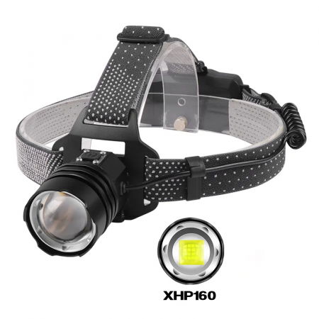 Lanterna puternica de cap FiGGA® LED XHP-160.2, 48000 lumeni, 1600 metri distanta, 5000K, 2 baterii reincarcabile de 18650 Li/3500 mAh, Profesionala, Frontala, Cablu de incarcare [2]