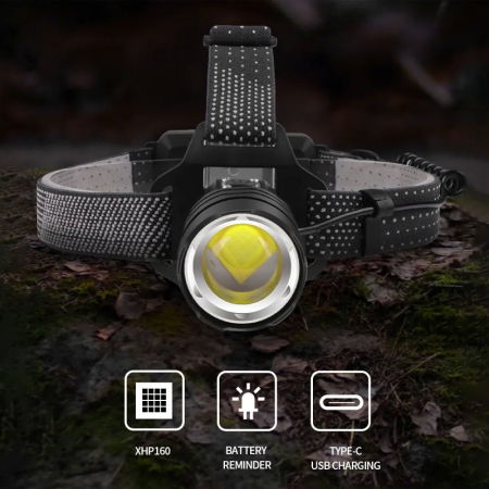 Lanterna puternica de cap FiGGA® LED XHP-160.2, 48000 lumeni, 1600 metri distanta, 5000K, 2 baterii reincarcabile de 18650 Li/3500 mAh, Profesionala, Frontala, Cablu de incarcare [4]