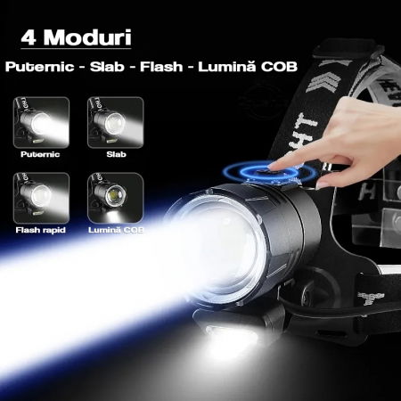 Lanterna puternica de cap FiGGA® LED XHP-90, 27000 lumeni, 900 metri distanta, 5000K, 3 baterii reincarcabile de 18650 Li/3500 mAh, Profesionala, Frontala, Cablu de incarcare [7]