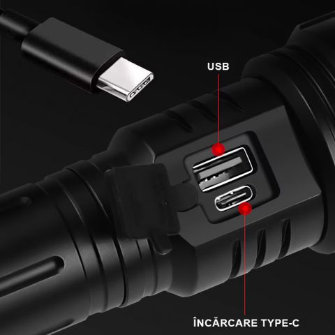 Lanterna puternica profesionala FiGGA®, LED XHP-160, 48000 lumeni, acumulator 26650 Li,  Cablu de incarcare [6]