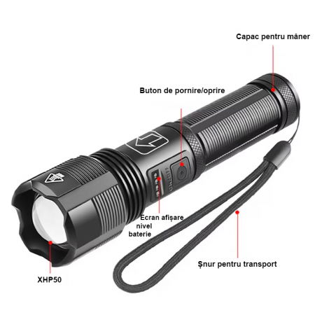 Lanterna puternica profesionala FiGGA®, LED XHP-50, 15000 lumeni, acumulator 18650 Li, structura aliaj aluminiu, Cablu de incarcare [2]