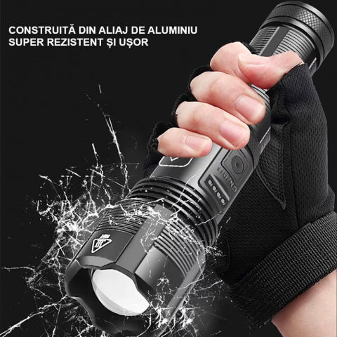 Lanterna puternica profesionala FiGGA®, LED XHP-50, 15000 lumeni, acumulator 18650 Li, structura aliaj aluminiu, Cablu de incarcare [8]