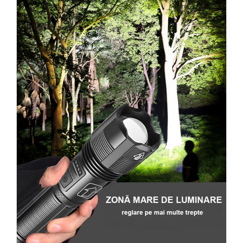Lanterna puternica profesionala FiGGA®, LED XHP-50, 15000 lumeni, acumulator 18650 Li, structura aliaj aluminiu, Cablu de incarcare [12]