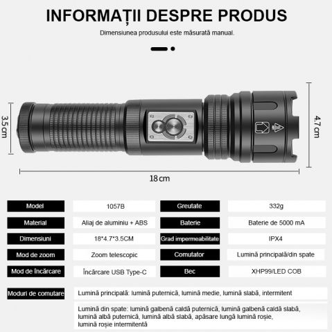 Lanterna puternica profesionala FiGGA®, LED XHP-99 + COB, 30000 lumeni, acumulator 26650 Li, structura aliaj aluminiu, Cablu de incarcare [3]