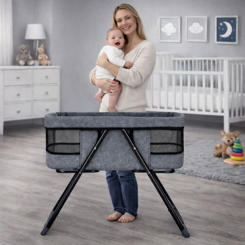 Patut bebe pliabil FiGGA®, 0+ luni, Saltea inclusa, Cu sistem balansoar, Plasa tantari, Portabil, 81x50x66cm, Gri [1]