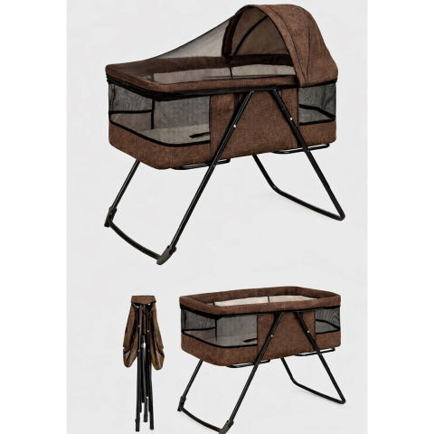 Patut bebe pliabil FiGGA®, 0+ luni, Saltea inclusa, Cu sistem balansoar, Plasa tantari, Portabil, Maro [1]