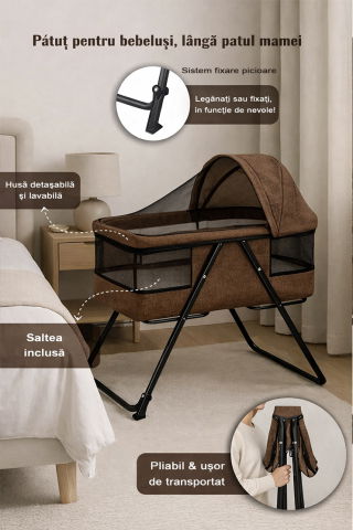Patut bebe pliabil FiGGA®, 0+ luni, Saltea inclusa, Cu sistem balansoar, Plasa tantari, Portabil, Maro [5]