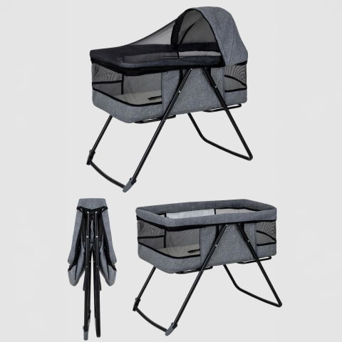 Patut bebe pliabil FiGGA®, 0+ luni, Saltea inclusa, Cu sistem balansoar, Plasa tantari, Portabil, Gri [1]